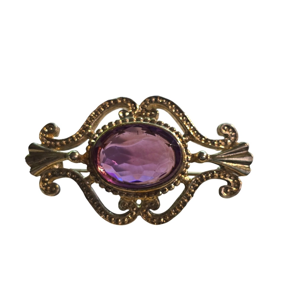 Vintage Regency Purple Glass Brooch Gilded Gold Tone Statement Jewelry 2"